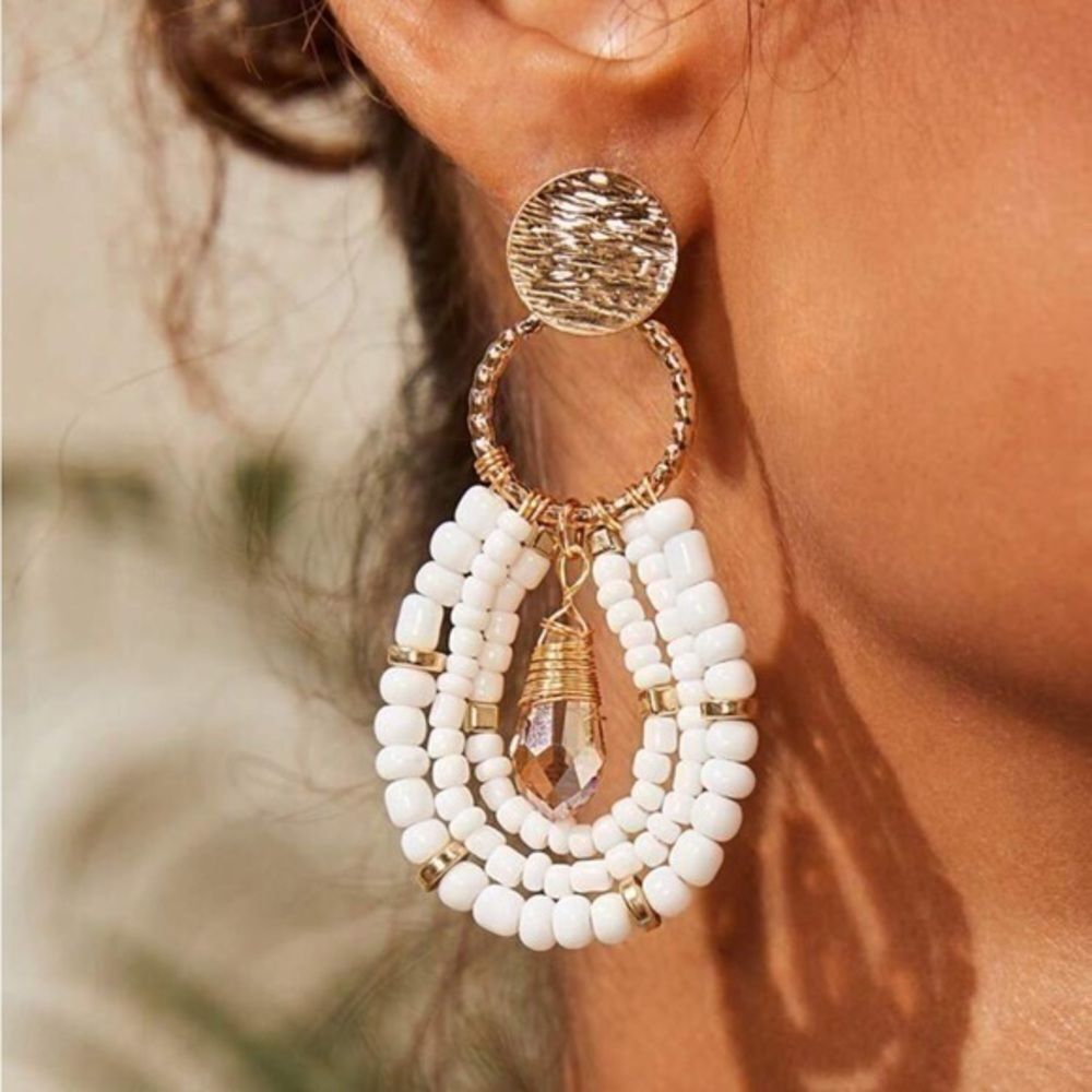 Geometric Bohemian Multi Layer White Gold Beaded Crystal Dangle Earrings